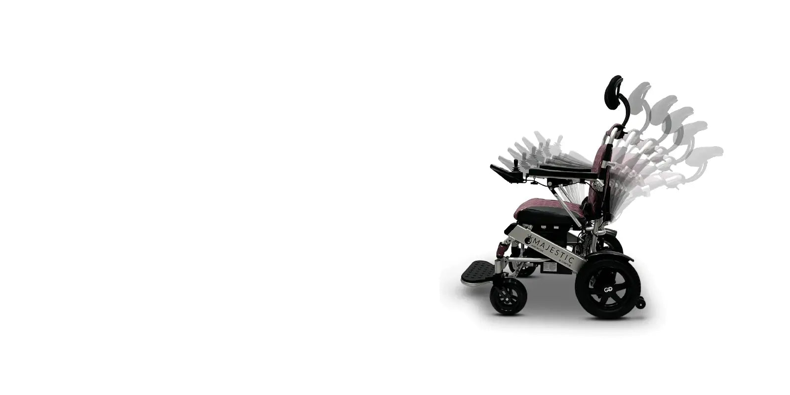 Majestic IQ-9000 auto-reclinae lightweight folding electric wheelchair shown in reclined positions